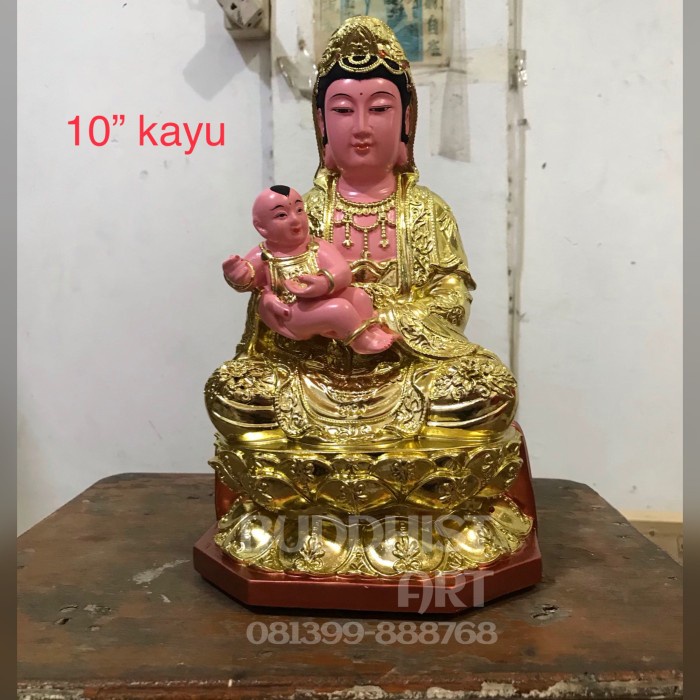 [Original] Patung Dewi Kwan Im /Guan Yin / Kwanim Gendong Anak 10 Inch Kayu Bisa Gojek