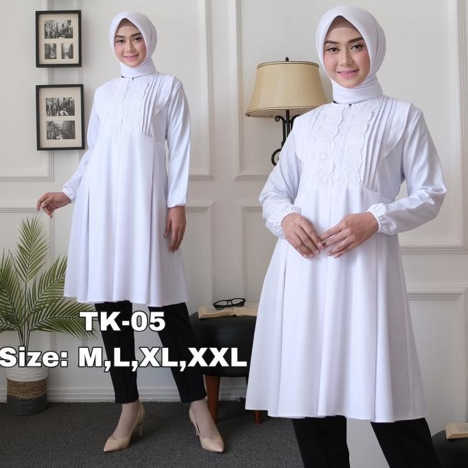 Atasan tunik putih wanita muslim seragam PNS guru