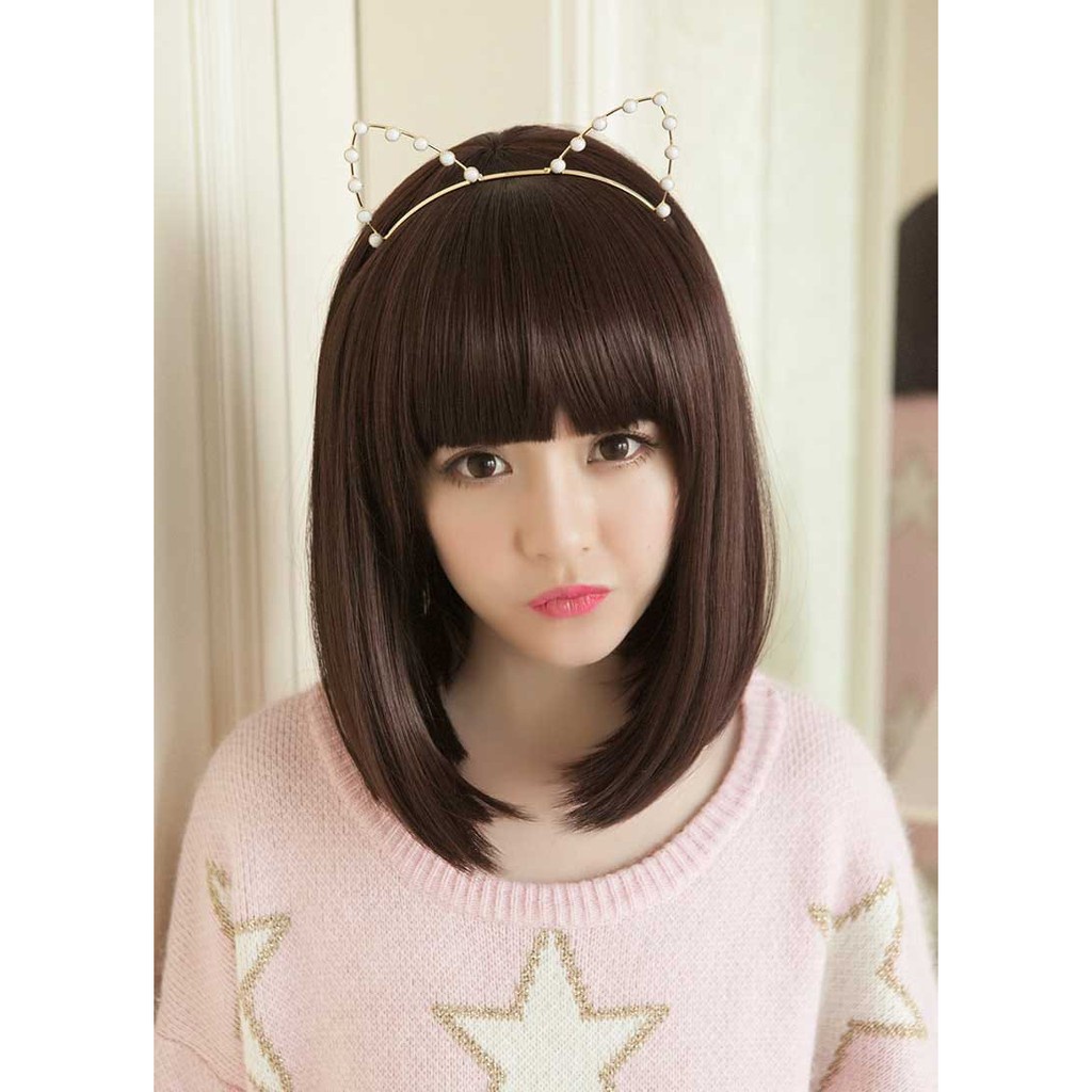 Cpp - Rambut Wanita Berponi Sebahu Wig Rambut Wanita Lurus Hitam Tahan Lama Wig Cosplay
