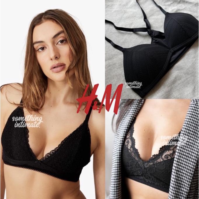 H&M Ethnic Triangle Black Lace Bralette No Wire Wireless Wirefree Bra