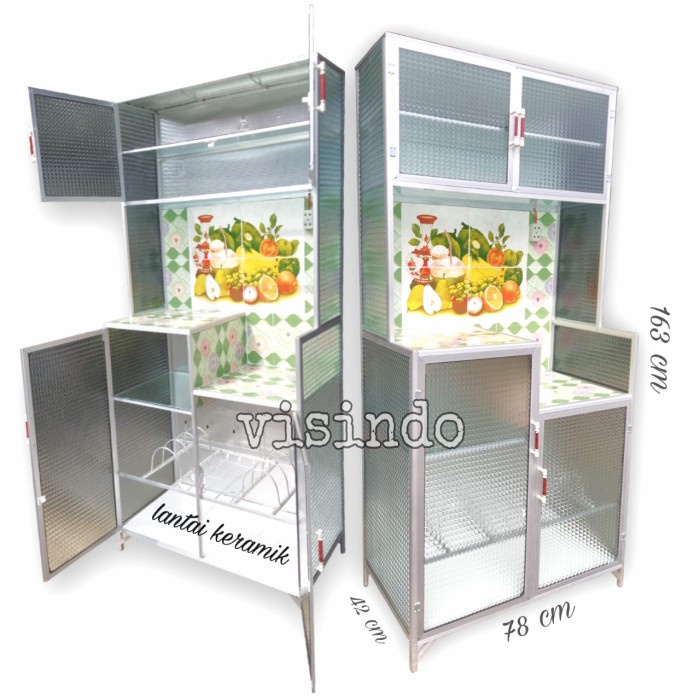 Promo Rak Piring Keramik Alumunium Kaca 2 Pintu Legok Full Keramik