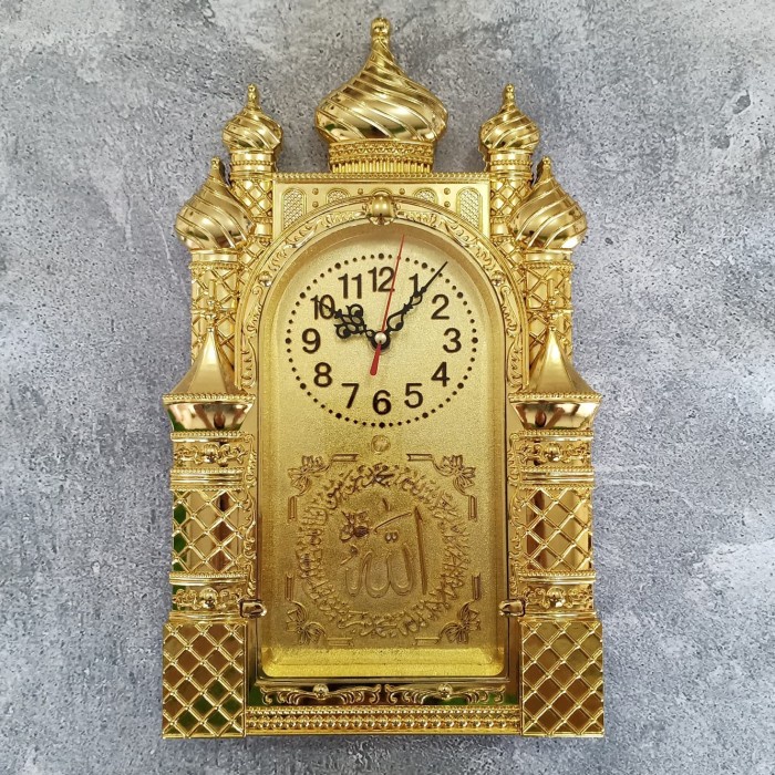 Konfli Jam Dinding Kaligrafi Arab Bentuk Masjid Islam Ukir Allah Emas Gold