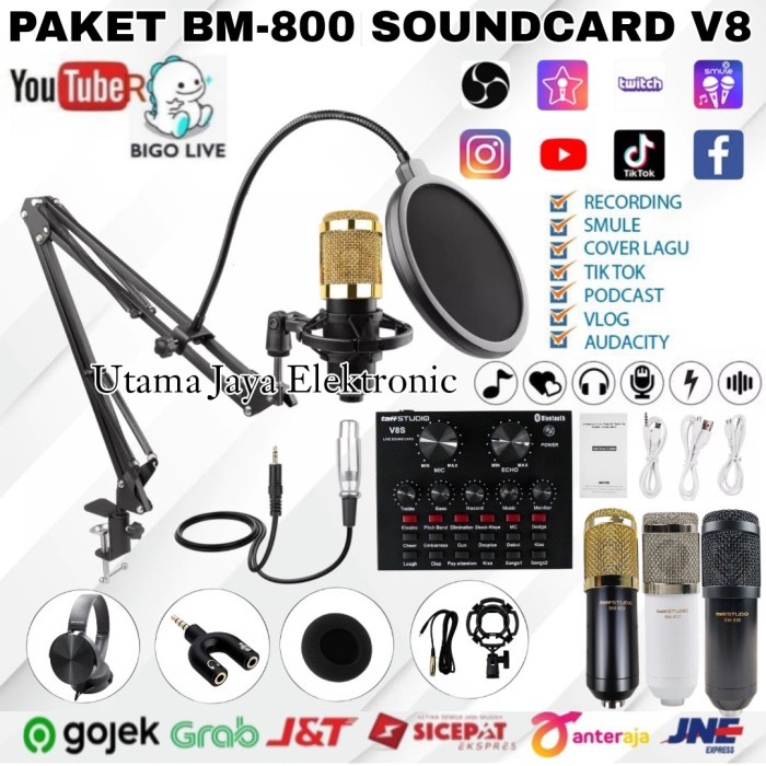 PAKET KOMPLIT MIC BM800 Sound Card V8 Mixer V8 Stand Mic Pop Filter