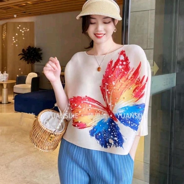 1441 Baju atasan blouse MITSUKO PLEATS BATWING TOP lengan kalong Korea Korean style wanita premium i