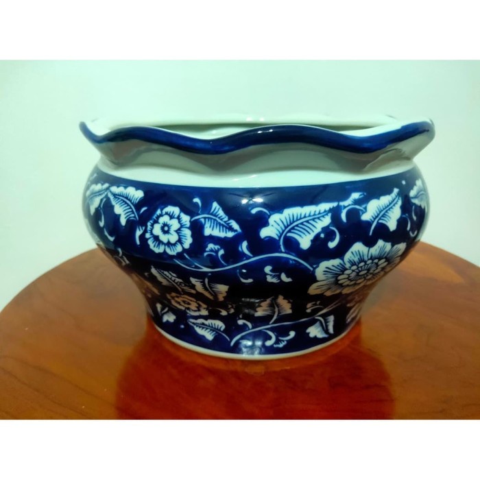 Ready Keramik Pajangan Pot Bunga Biru Dongker Bulat Besar