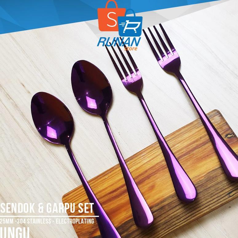 Sendok Garpu Korea Set Ungu Sendok Makan Stainless Steel Ungu Purple