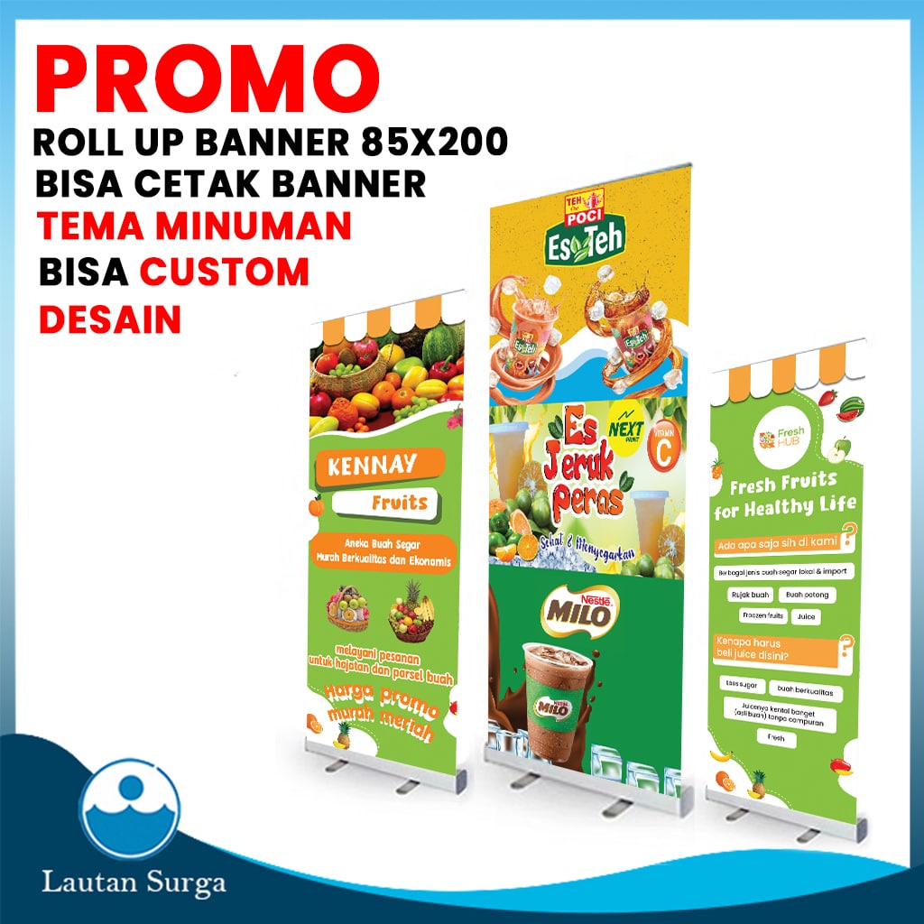 (PAKET Cetak Standing Roll Up Banner Alumunium 85x200 cm) Cetak Stand Banner Spanduk Baliho Free Cus