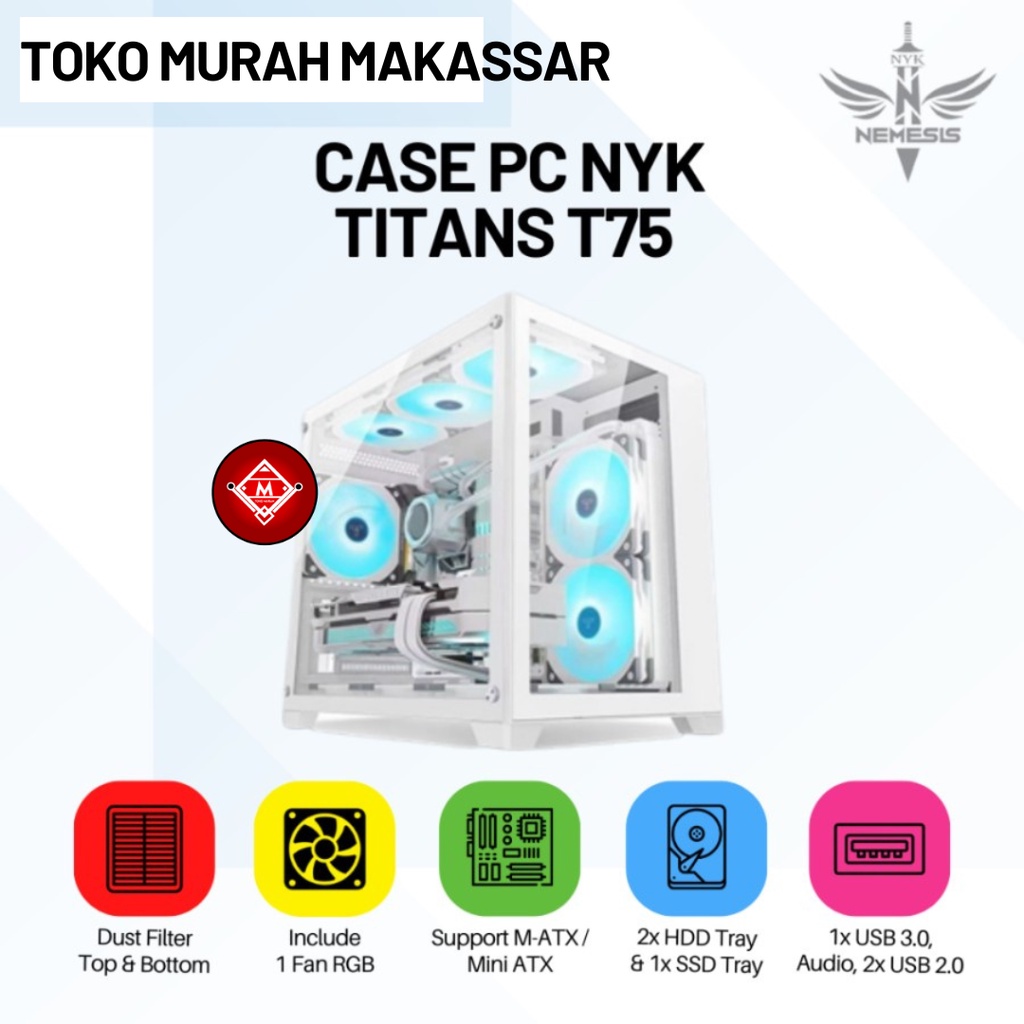 Case PC NYK Nemesis Titans T75 White + 1 Fan RGB / Gaming Casing PC / CASE08-NYK