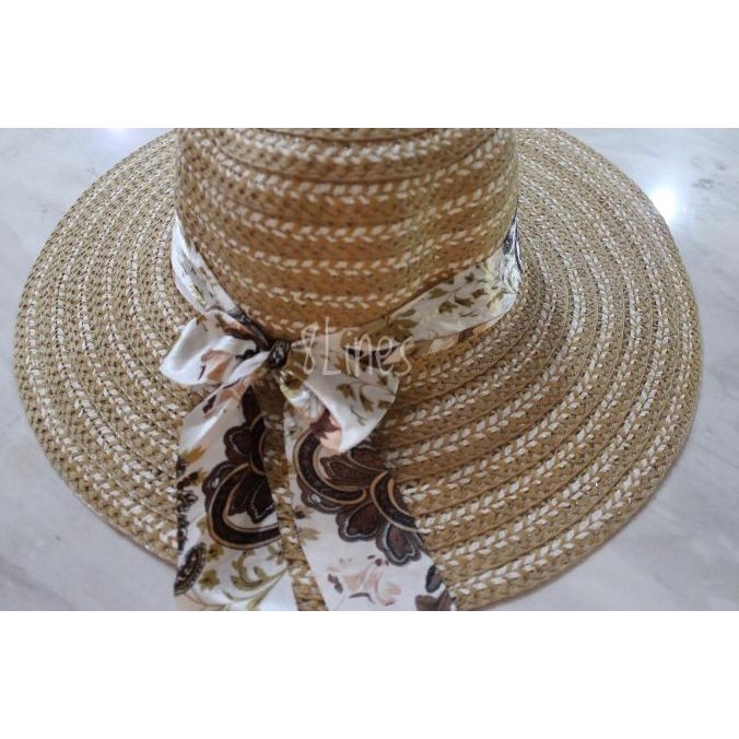 Topi Pantai Wanita Lebar Coklat Putih Pita Bunga