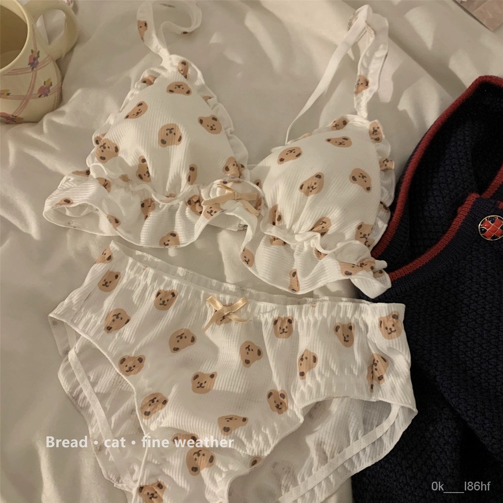 Set Pakaian Dalam Beruang Lucu, Tanpa Kawat, Tipis Segitiga Cup Set Bra
