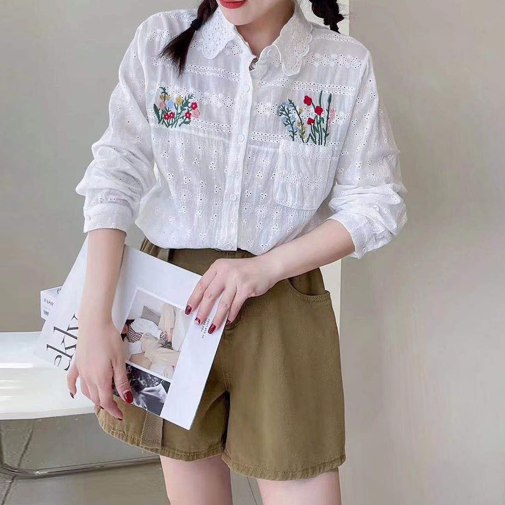 BLUS KEMEJA KATUN BRUKAT PUTIH DADA BORDIR BUNGA FLORA KOREA IMPORT