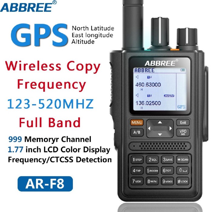 ABBREE AR-F8 - WALKIE TALKIE 8W POWER 6-BAND 136-520MHZ - GPS FUNCTION