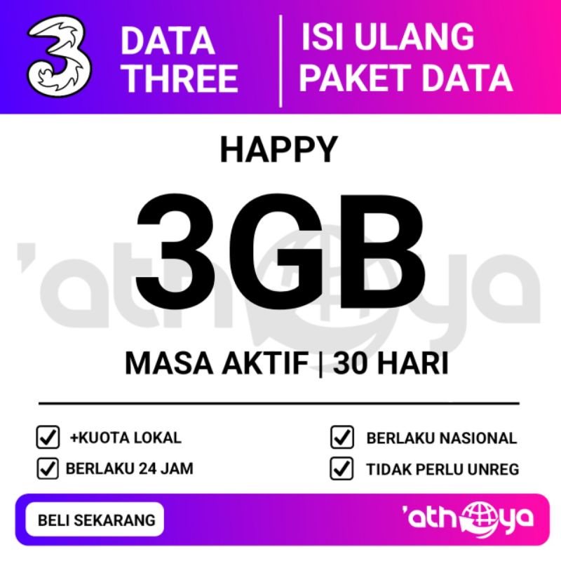 KUOTA TRI HAPPY 3GB 30 HARI KUOTA 3 PAKET DATA TRI