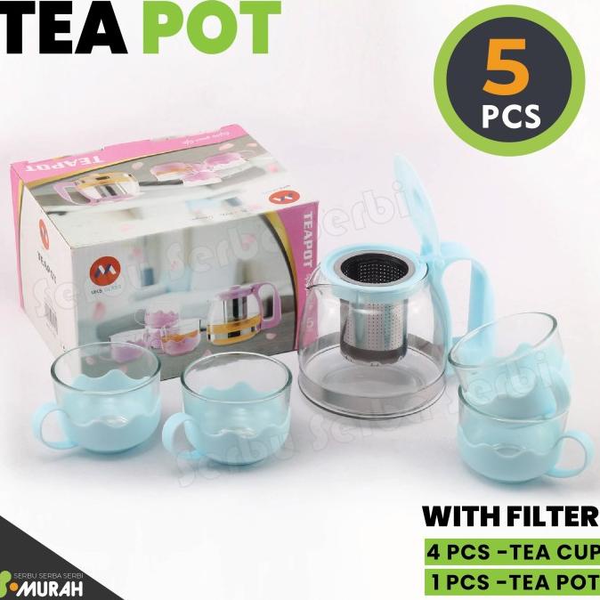 @#@#@#] Tea Pot Set Kaca 5 in 1 - JB-1006 SARINGAN - Warna Random - Unique