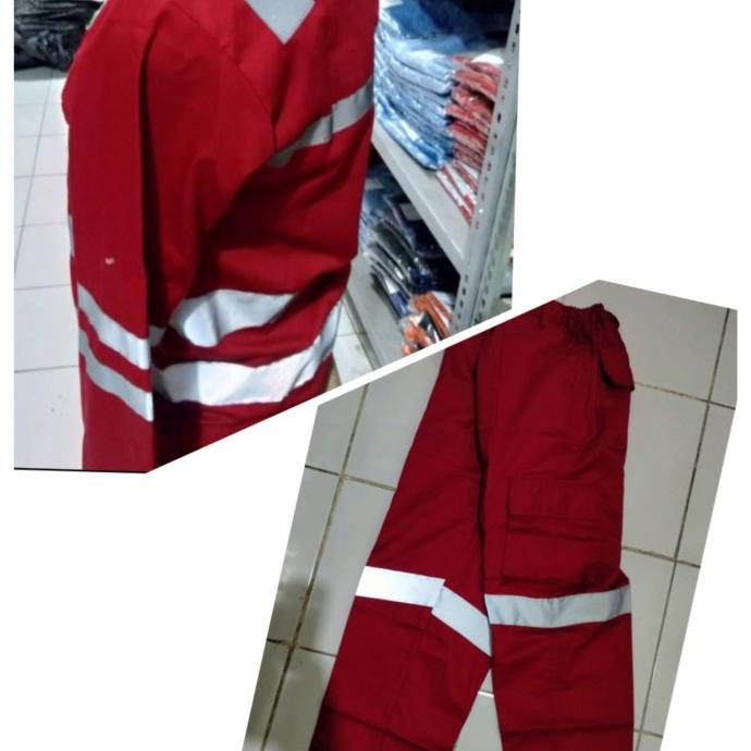 uru SETELAN SERAGAM BAJU SAFETY MERAH RESLETING BERLOGONL HSE K3