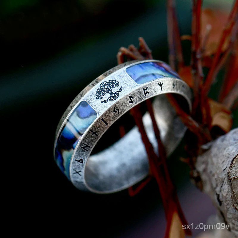 Fashion Viking Pohon Kehidupan Baja Nirkarat Abalone Shell Cincin untuk Pria Odin Norse Vikings Rune
