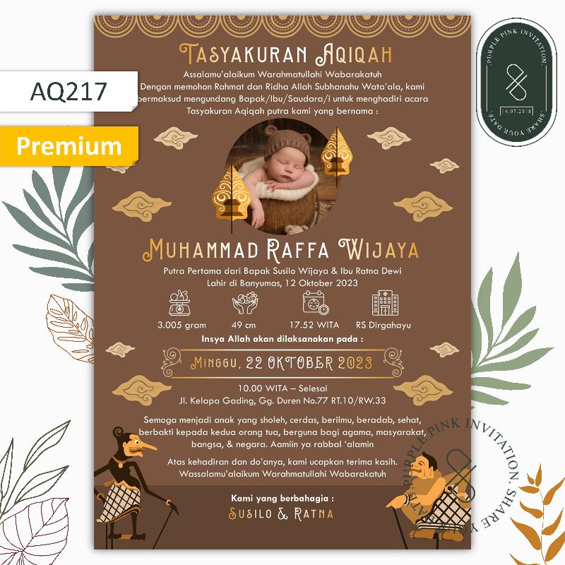Undangan Digital Aqiqah Code AQ217 Tasmiyah Softfile Tema Jawa Wayang Mega Mendung Java Warna Coklat