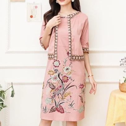 Dress Midi Batik Baby Pink Soft Cheongsam Batik Floral Sakura Cve