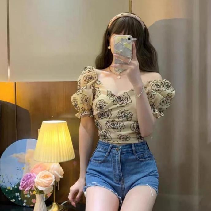 TRISHA BLOUSE FLORAL V-NECK KOREA STYLE IMPORT KOREAN BLUS WANITA TOP RESTIHASTUTISHOP