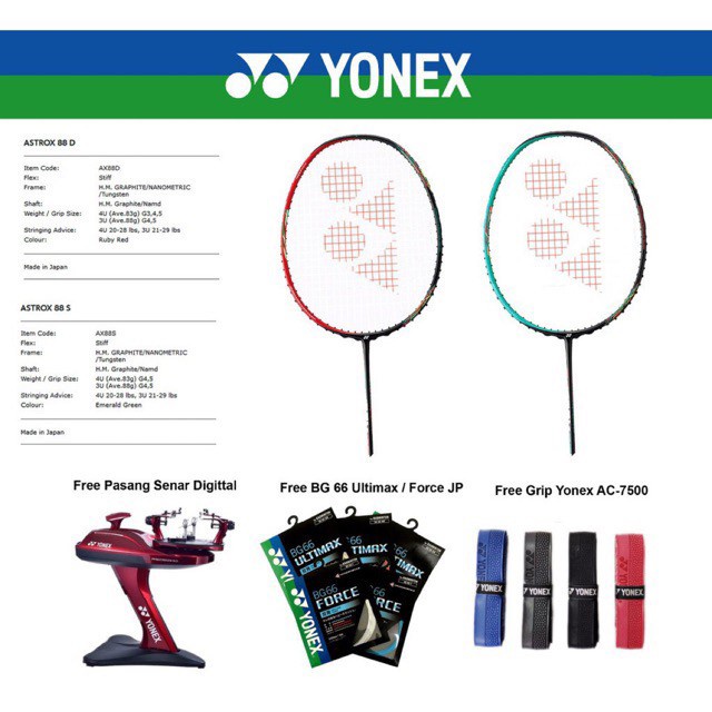 Raket Badminton Yonex Astrox 88D/88S +Senar Yonex Bg 66 Ultimax Jp Ori Terpopuler