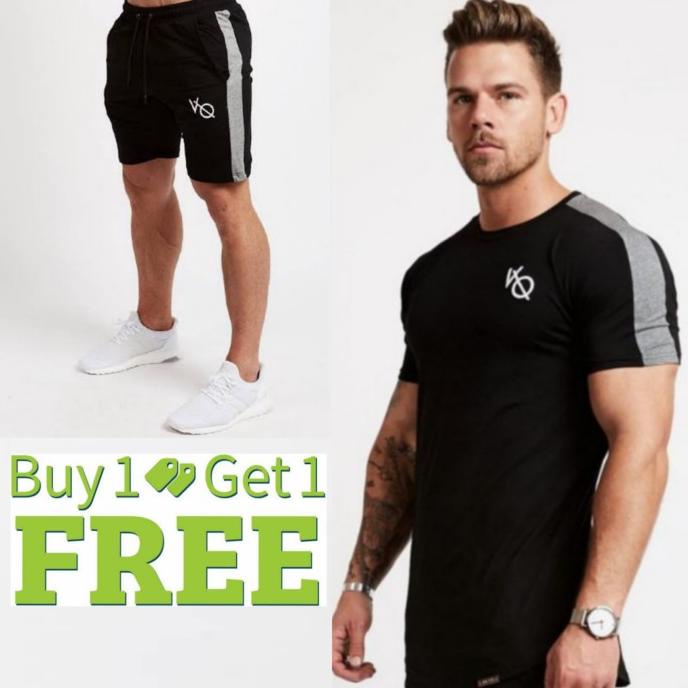 (DAPAT2) Kaos VQ STRIPE + BBT Celana olahraga gym training fitnes pria