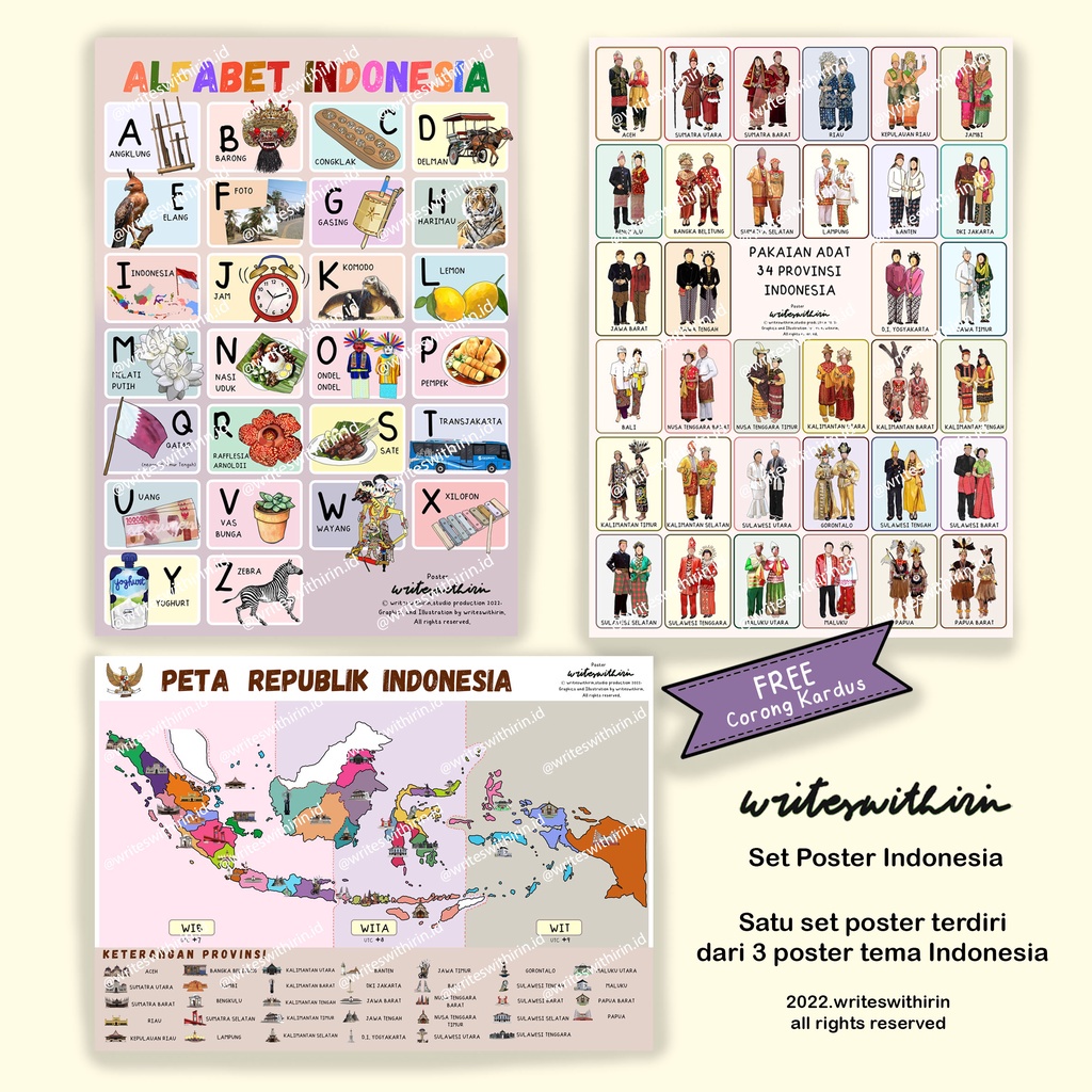 

(Writeswithirin) Set 3 Lembar Poster Edukasi Anak Seri Indonesia (Peta Indonesia/ Pakaian Adat/ Baju