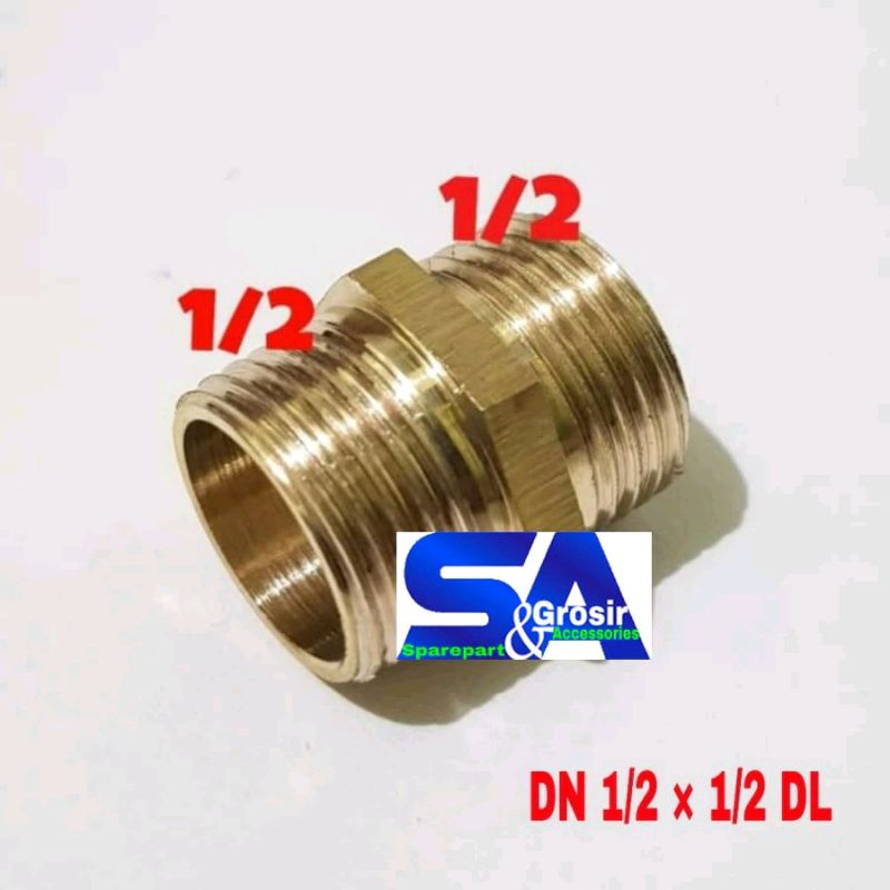 Dobel Nepel 1/2 Drat Luar x 1/2 DRAT LUAR Kuningan - 20x20mm Kne/Knie Pipa