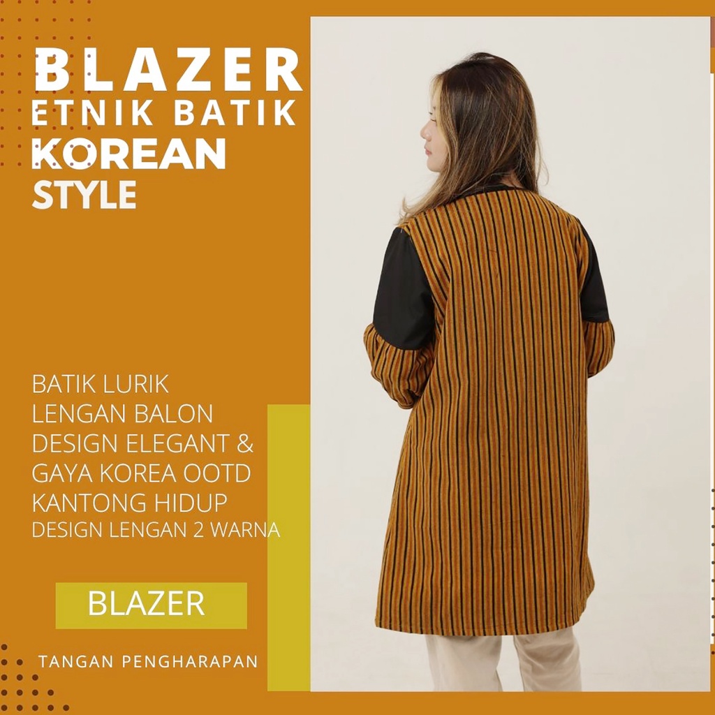 Outer Blazer Batik Wanita Lurik Lengan Panjang Korean Style Blazer Ayundyya - Tangan Gharapan