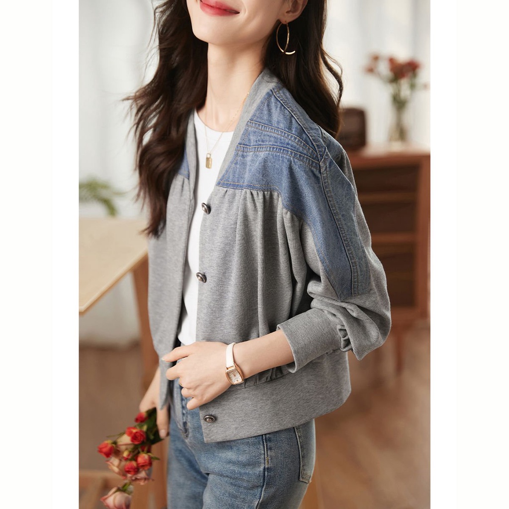 Jaket Denim Warna Baru, Jaket Denim Perca Kontras Tekstur Sederhana Serbaguna