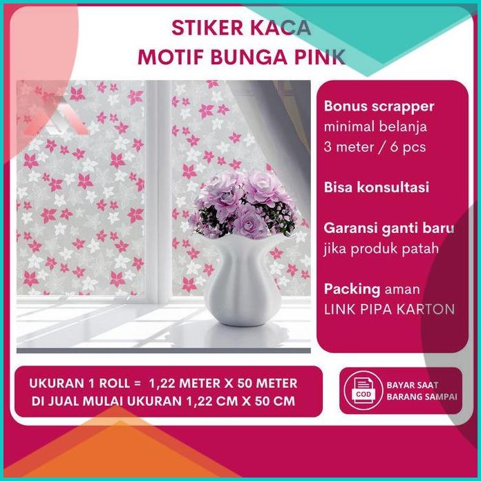 Sticker Stiker Kaca Film Motif Bunga Pink Jendela Cermin Wallpaper 16n