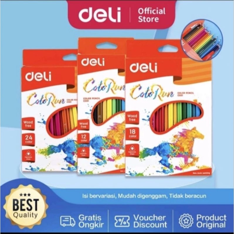 

YENYEN_ATK Deli Pensil Warna - Bentuk Segitiga Ergonomis Warna Cerah 12/18/24 Warna Cat Tidak Beracun EC00120