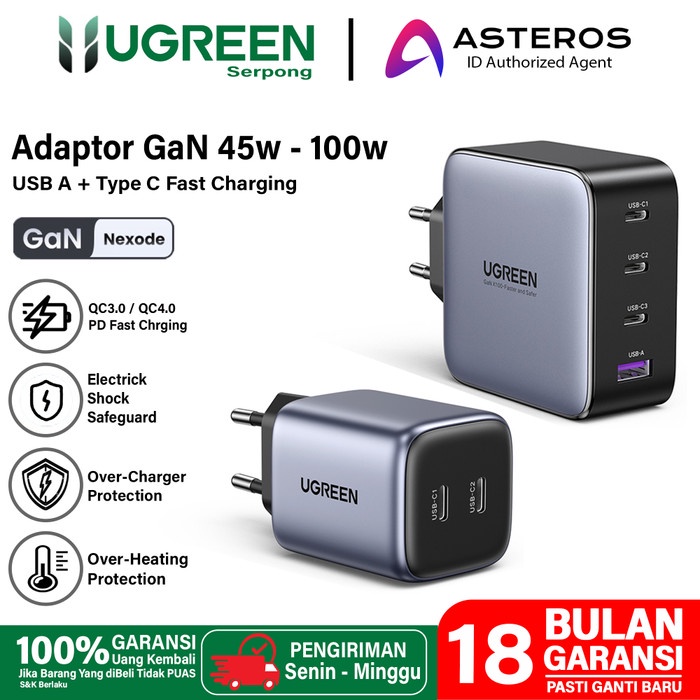 Ugreen Adaptor Kepala Charger Gan Pd Type C Fast Charging 33W 65W 100W