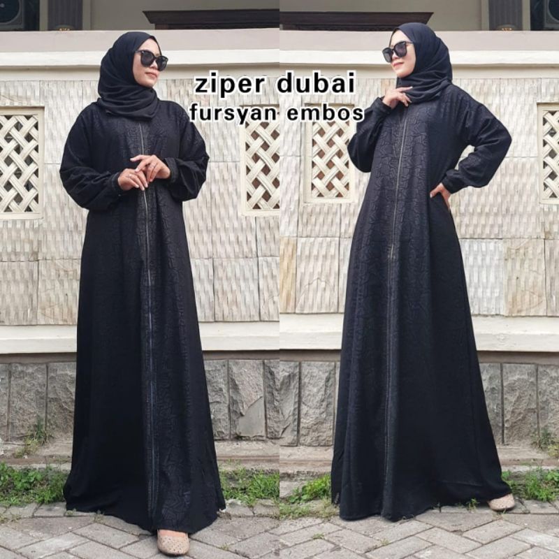 Abaya Hitam Gamis Wanita Umroh Terbaru Saudi Fashion Muslim Dress Turkey Ziper Dubai Fursan Embos