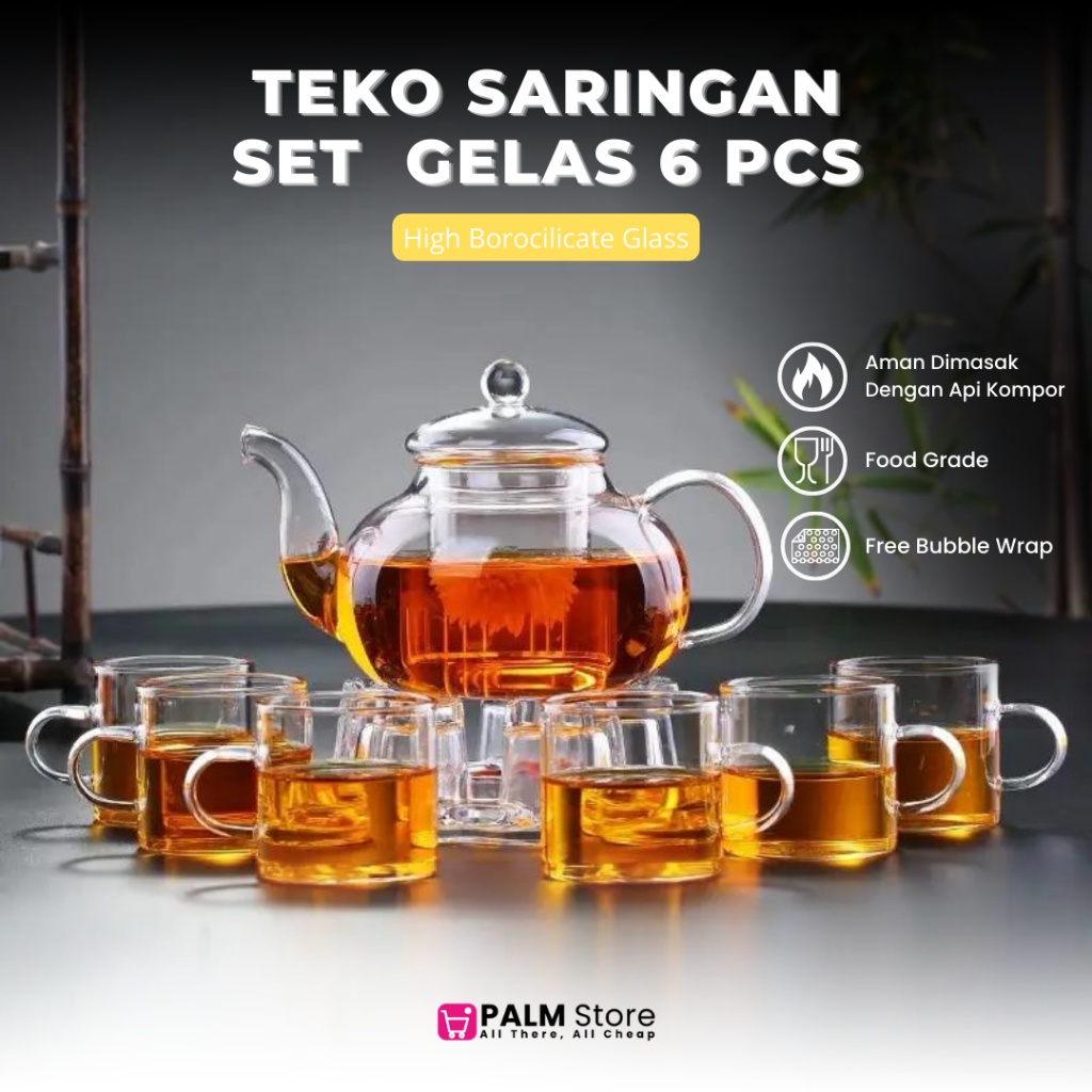 Palm Teko Saringan Kaca Teh Rempah Tahan Panas Set Dengan Gelas Kaca 6Pcs