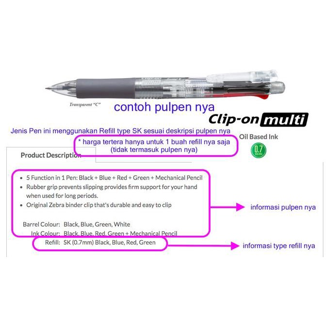 

Refill utk Clip on Multi 0.7 mm Refill Zebra SK-0.7 isi ulang pulpen