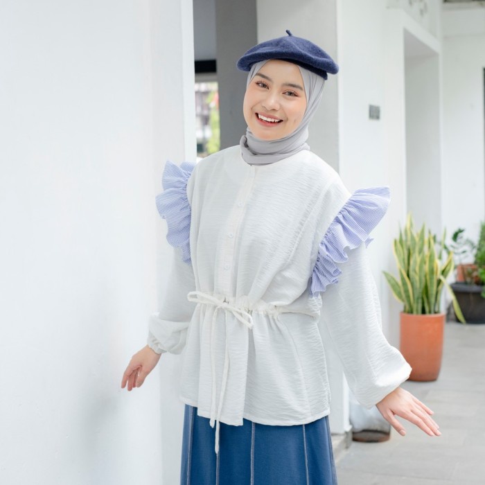 Mybamus X NurulFadillah Dilla Ruffle Blouse Broken White - Stripe Blue