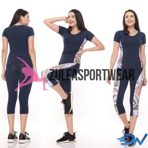 Baju Senam Aerobik Set Baju Olahraga Jumbo Wanita Biru