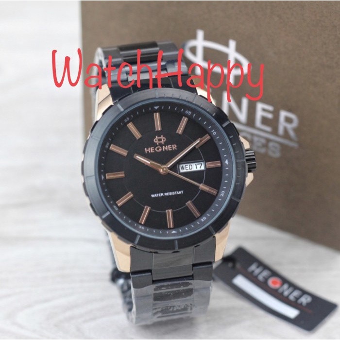 ✅New Ori Jam Tangan Pria Hegner 1702 Hw1702 Hw 1702 Black Rose Gold Stainless Limited