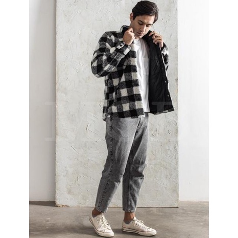 Gap Sherpa Shirt Jacket Black White Plaid