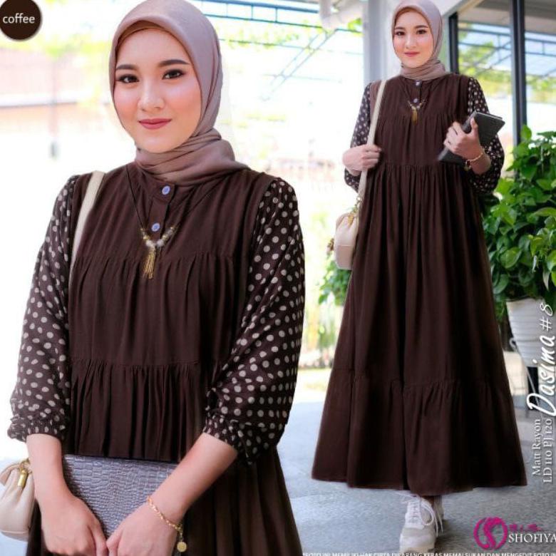 Promo - Dasima Gamis Polos Kombinasi Polkadot Midi Dress  Rayon Premiun ,.