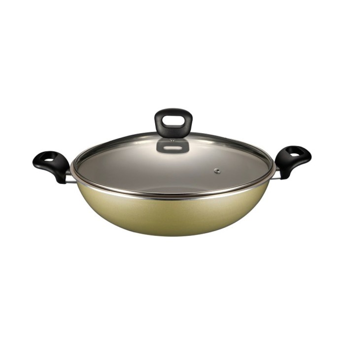 ✅Ready Wajan Wok Pan Wok 32Cm With Glass Lid Champagne Krischef 10166805 Berkualitas