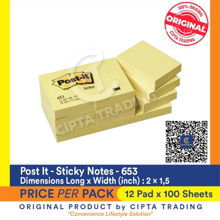 

✨Sale Sticky Notes - Post-It -653 1.5In X 2In Canary Yellow 1Dus=36Packs Terbatas