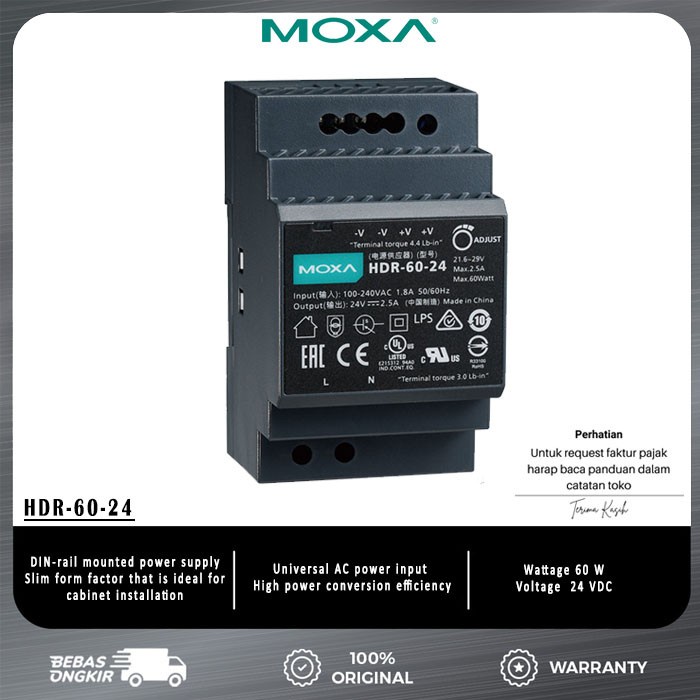 ✨Ori Power Supply Moxa Hdr-60-24 Din-Rail Series 60 Watt 24Vdc Diskon