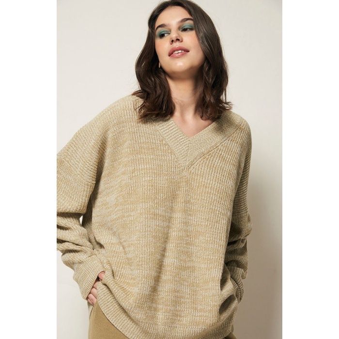 ✨Ori Sweater V-Neck Knit Rajut Coklat Cream / Twisted Taupe V-Neck Sweater Diskon