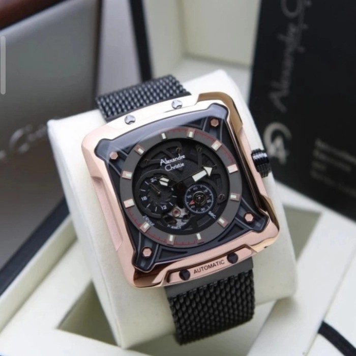 ✨Termurah Alexandre Christie 3030 Black Rosegold Rantai Otomatis Terbaru