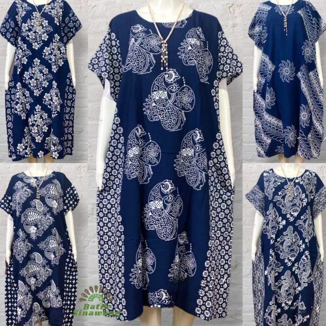 EF456 Daster Batik Kelelawar Jumbo "CEMPAKA NAVY" Bahan Rayon Super Premium BIG SALE
