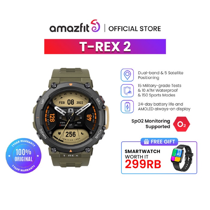 NEW AMAZFIT T-REX 2 SMARTWATCH 1.39 AMOLED SCREEN GPS 150+ SPORTS MODES - WILD GREEN ORIGINAL
