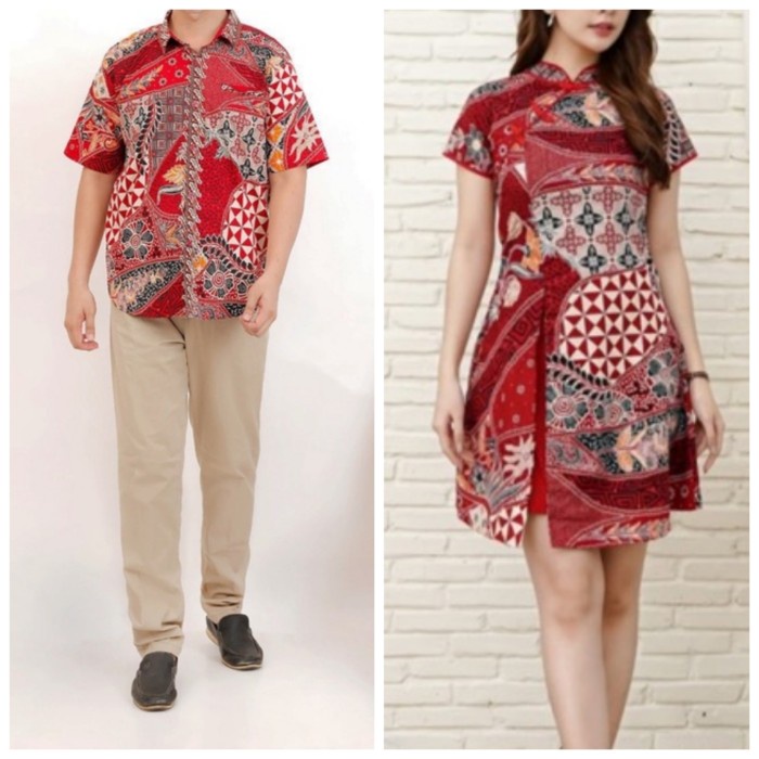 Couple Cheongsam Dress Gold List Wanita + Kemeja Pria Lin