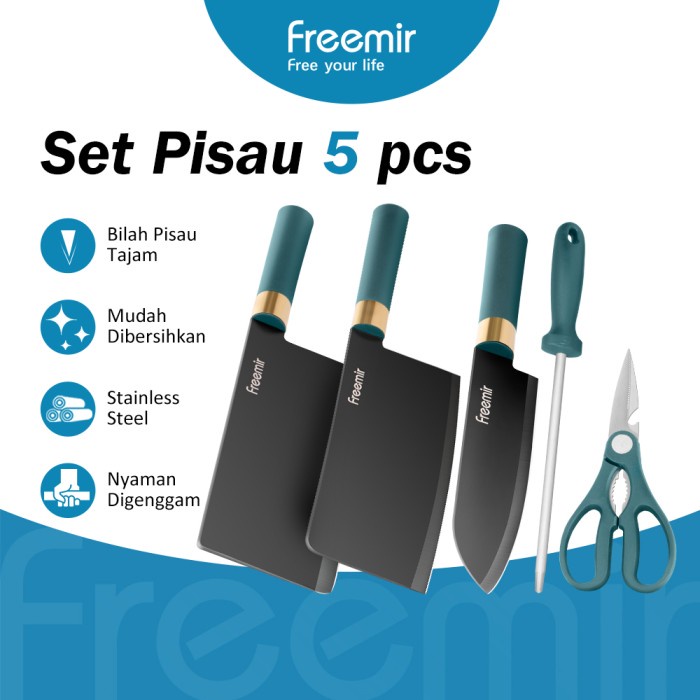 freemir Pisau Set 5 PCS Knife Pisau Dapur Pisau Daging Pengasah Pisau