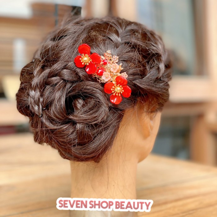 Tusuk Konde Red Flower/ Sirkam Rambut Pesta/Aksesoris Rambut Sangjit